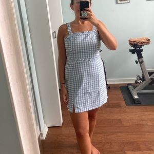 NWOT blue & white gingham plaid fitted mini dress with ruffle straps
